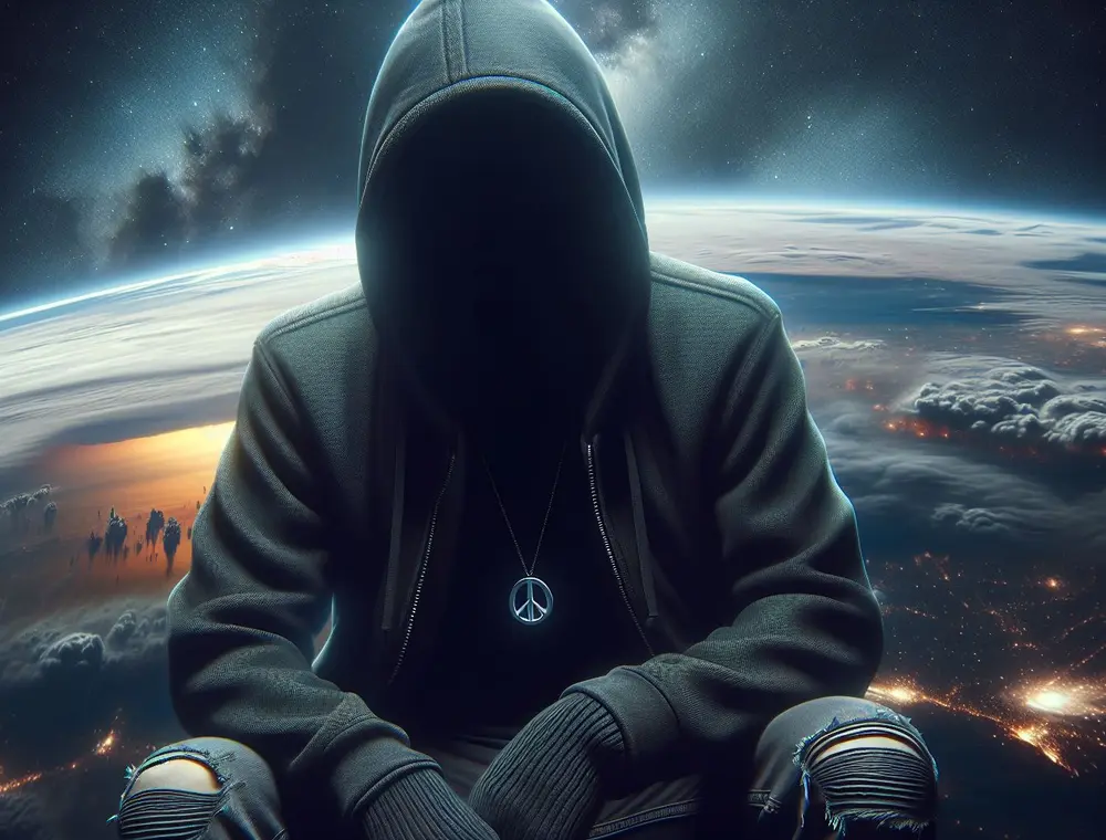 Symbolic faceless figure above a night-lit Earth