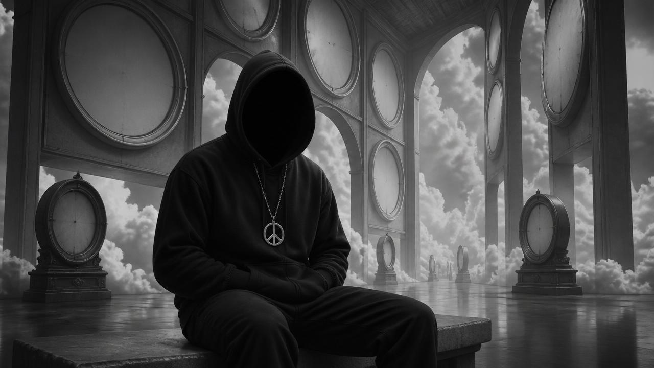 Faceless figure wearing a peace medallion seated among monumental clocks