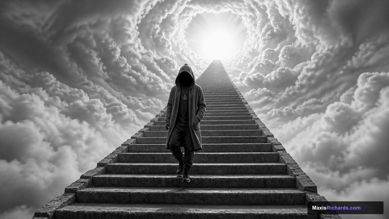 A lone figure descending from a luminous vortex in black and white, representing survival, truth, and resistance.