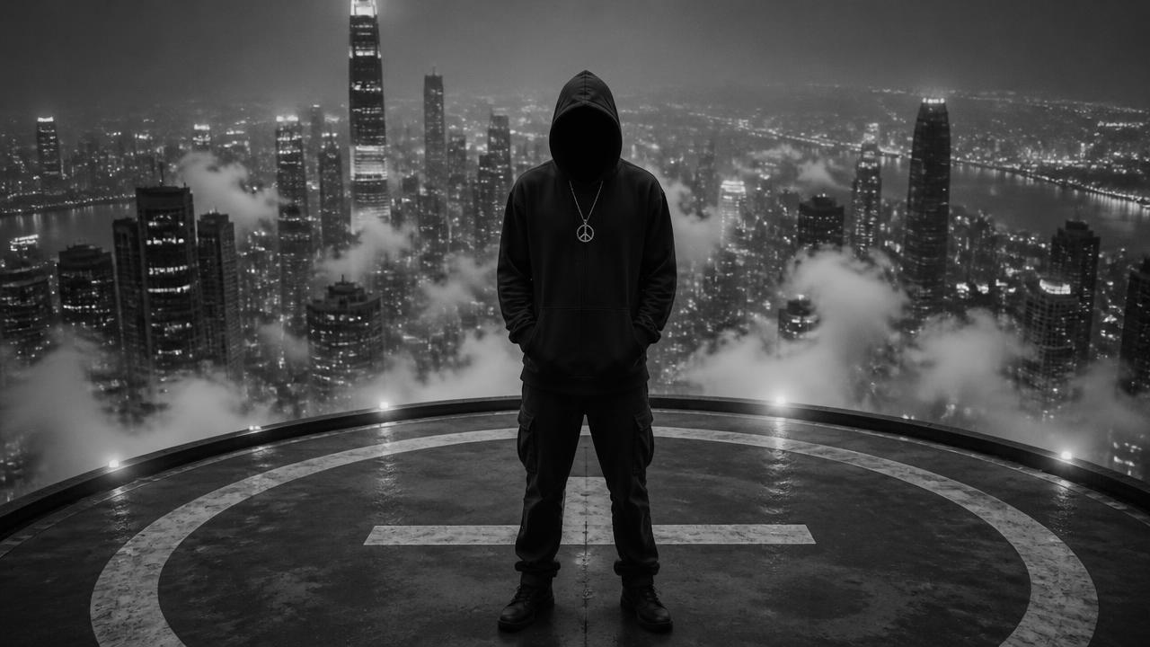 Black-and-white faceless figure standing above a cloud-covered city on a circular platform