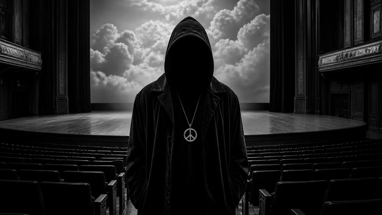 Faceless figure wearing a peace medallion in an empty theater beneath storm clouds