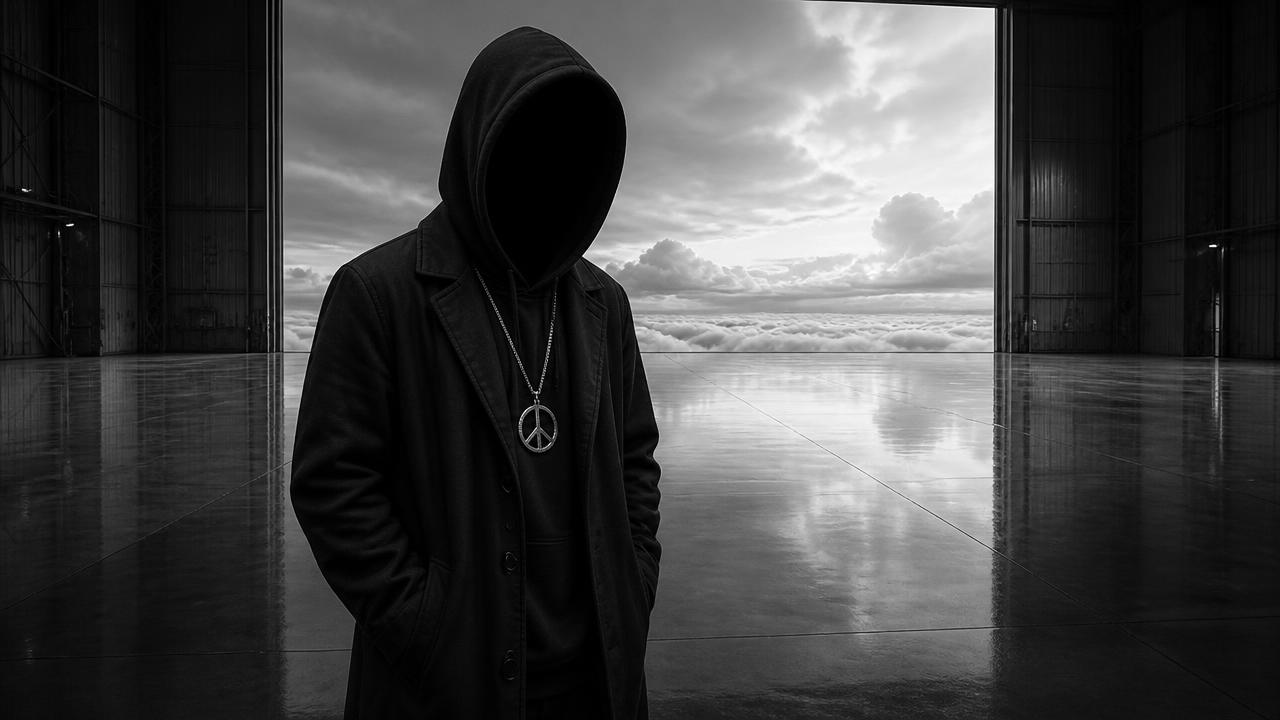 Black-and-white faceless figure wearing a peace medallion inside an open aircraft hangar above clouds