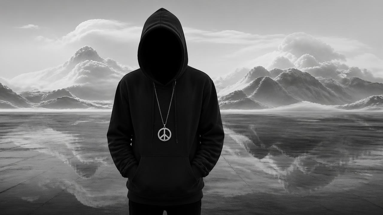 Faceless figure wearing a peace medallion standing before mirrored mountains