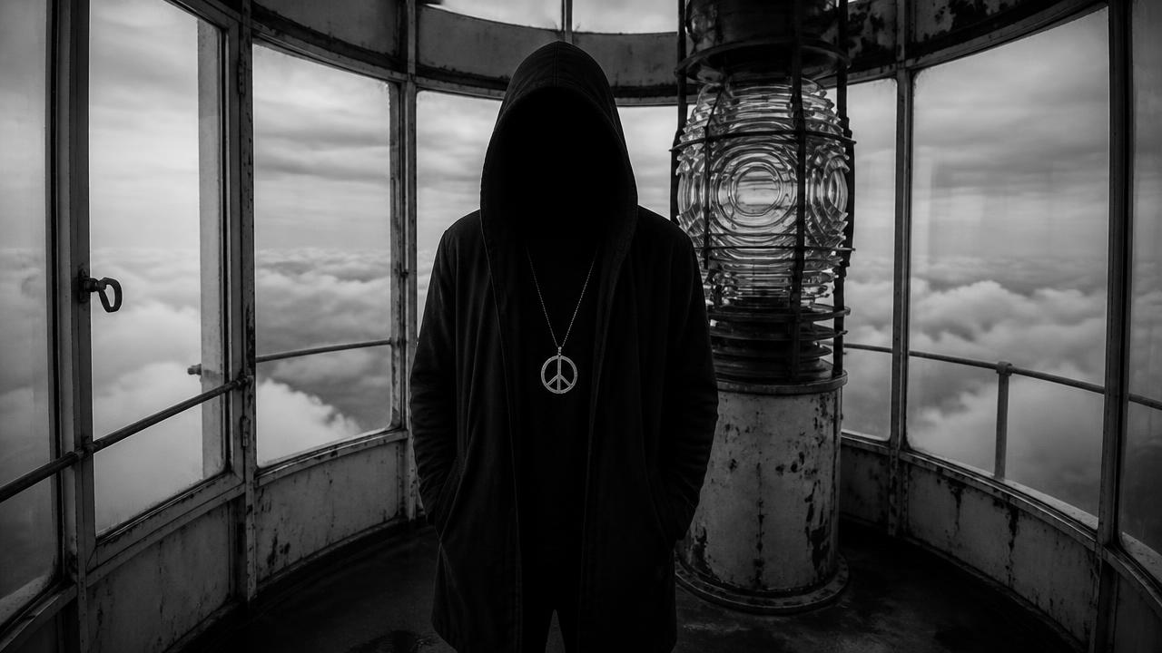 Black-and-white faceless figure inside a high tower beside a large optical signal lens