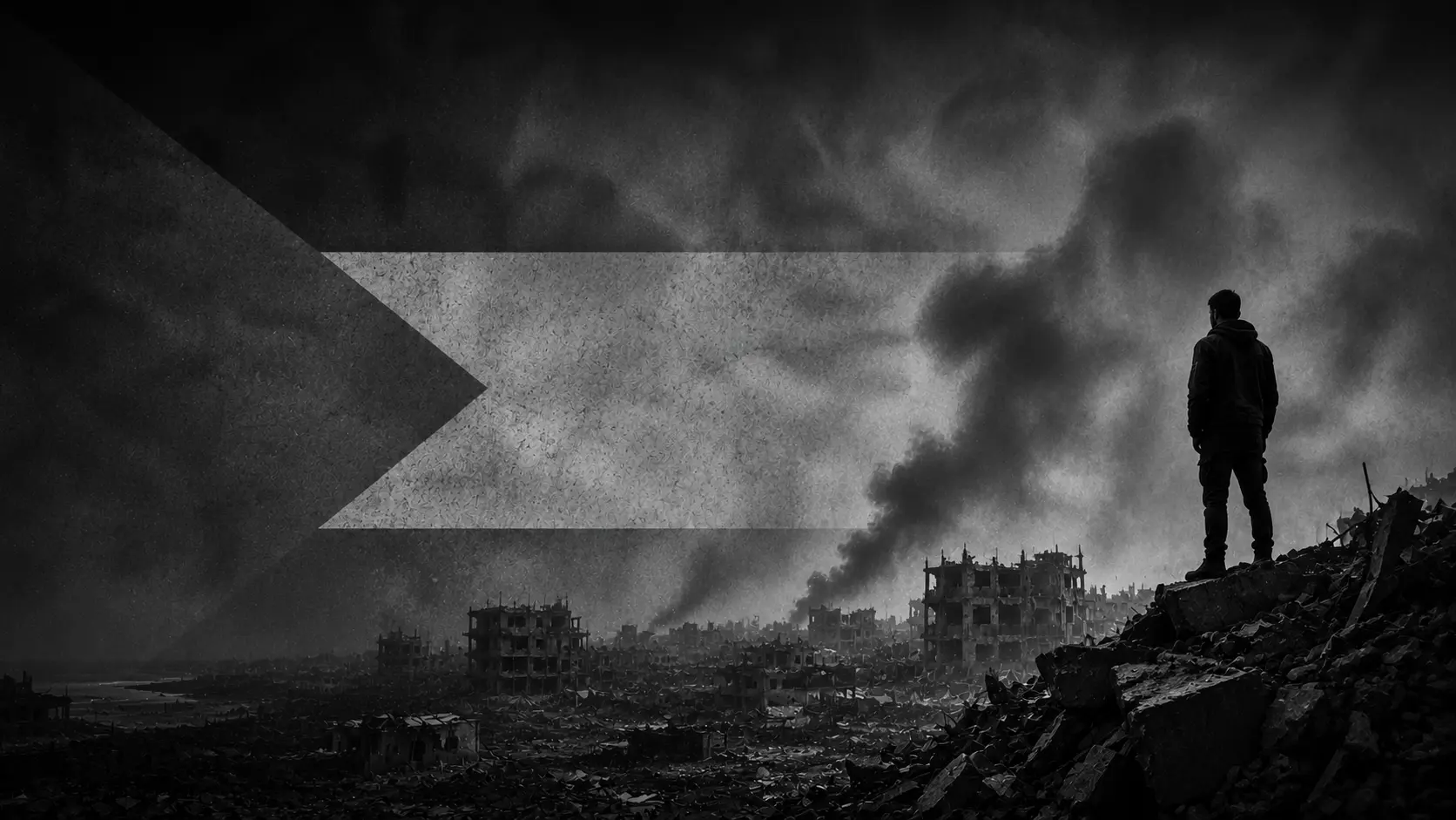 A grayscale Palestinian flag above a devastated city, with an adult man standing among the ruins