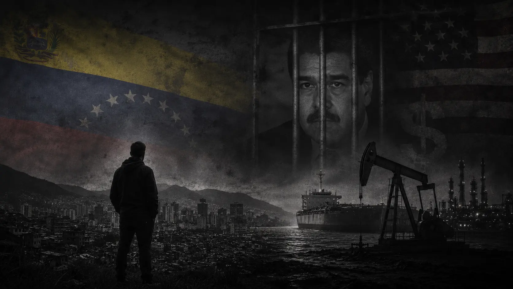 A dark editorial image combining Venezuela, a jailed Nicolás Maduro, oil infrastructure, shipping, and American financial power