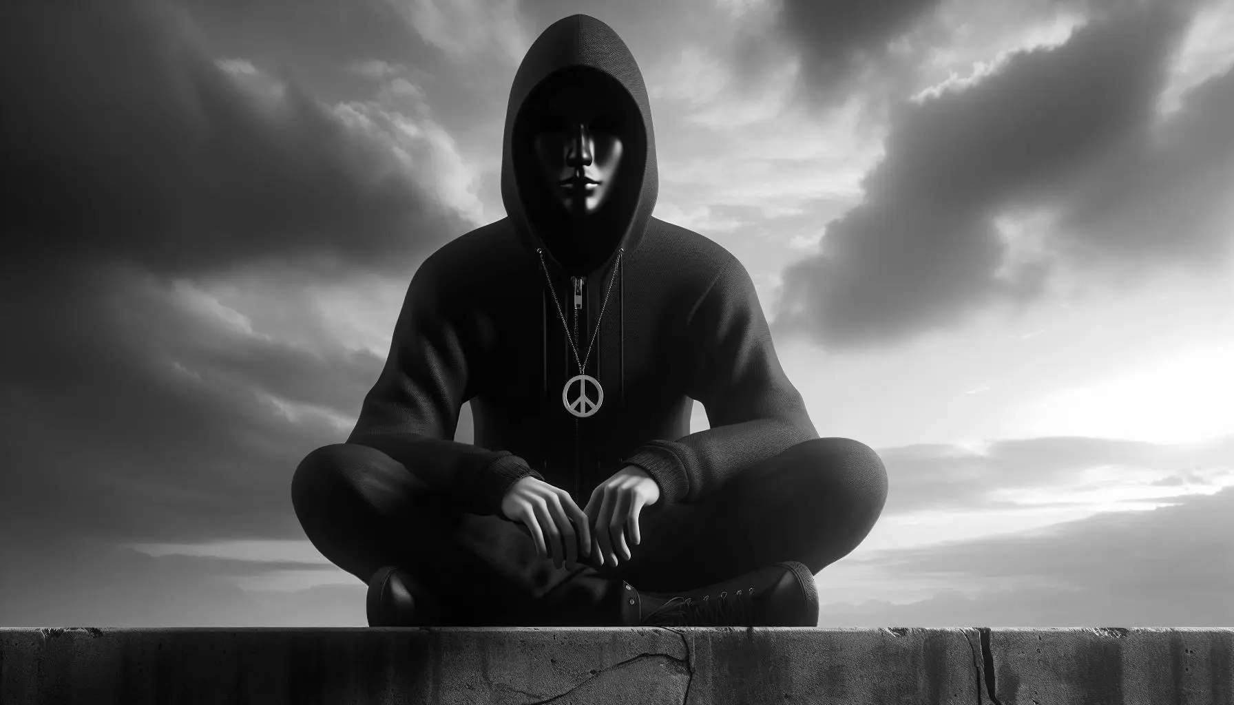 A symbolic hooded figure seated beneath storm clouds