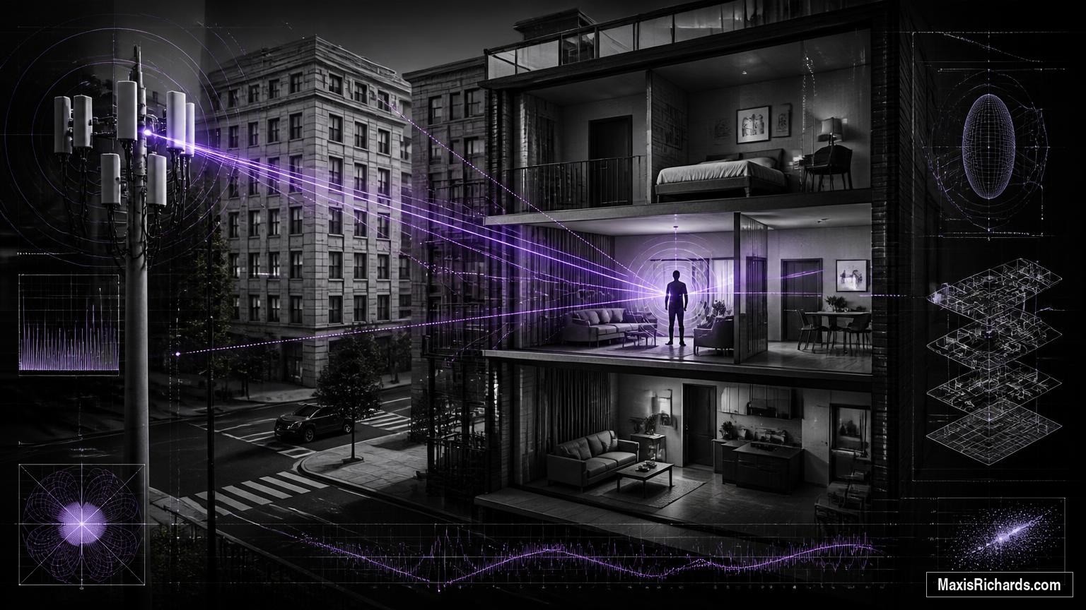 Directional beamforming paths from a cellular antenna converging inside an apartment