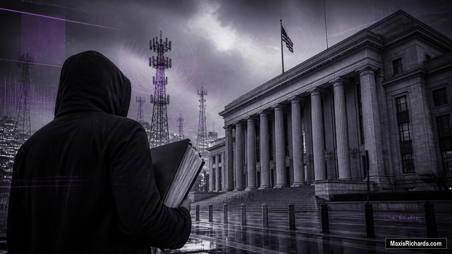 Anonymous person carrying evidence outside federal architecture with cellular towers behind it