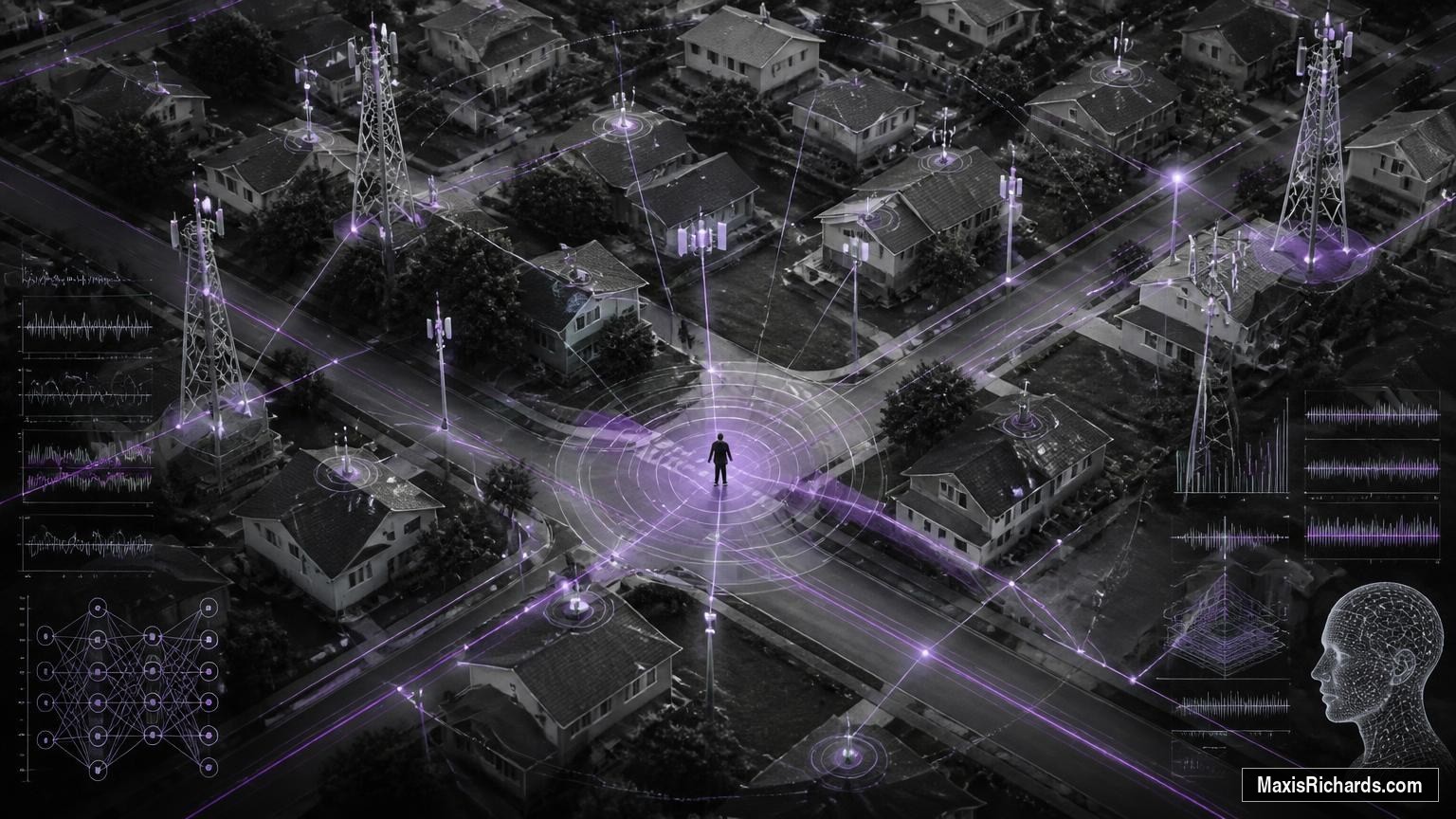 Aerial intelligence-map view of a neighborhood covered by interconnected 5G nodes