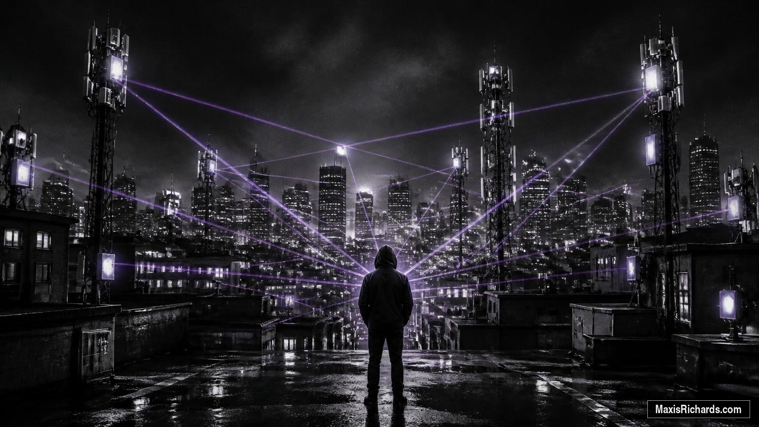 Anonymous Targeted Individual inside a dense urban network of 5G towers and directional signal paths